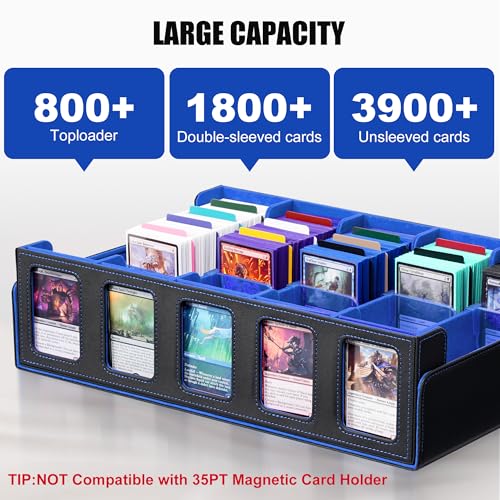 Trading Card Storage Box with Commander Display , 5-Row Deck Case with Removable Lid; 3900+ Card Deck Box for MTG TCG Sports Card, 5 Toploaders, 5 Stoppers, 48 Dividers,1 Dice Tray (Black Purple)