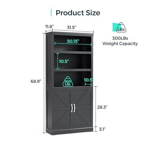 Farmhouse Bookshelves and Bookcases with Doors, Floor Standing 5 Shelf Display Storage Shelves, 69 in Tall Bookcase for Home Office, Living Room, Brown