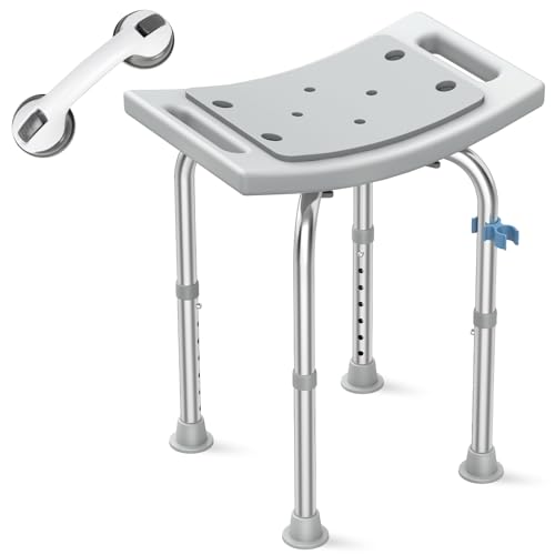 Upgraded Heavy Duty Stainless Steel Shower Chair Seat, Safety Anti-Slip 400lbs Shower Chair for Inside Shower, Adjustable Gray Bath Seat Chair w/Grab Bar, Bath Stool Chair for Senior,Disabled