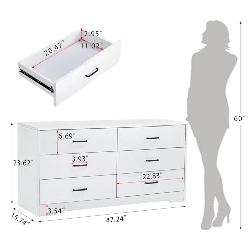 6 Drawer Dresser for Bedroom,Wooden Wide Chest of 6 Drawers, Modern Storage Chest Organizer with Metal Handles for Living Room Bedroom Hallway Entryway Nursery
