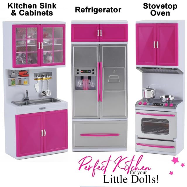 Doll Kitchen Playset for Kids, My Modern Mini Kitchen House Furniture Pretend Play Toy Accessories Set with Realistic Lights & Sounds for Toddlers, Girls (4-in-1 w/DOLL)
