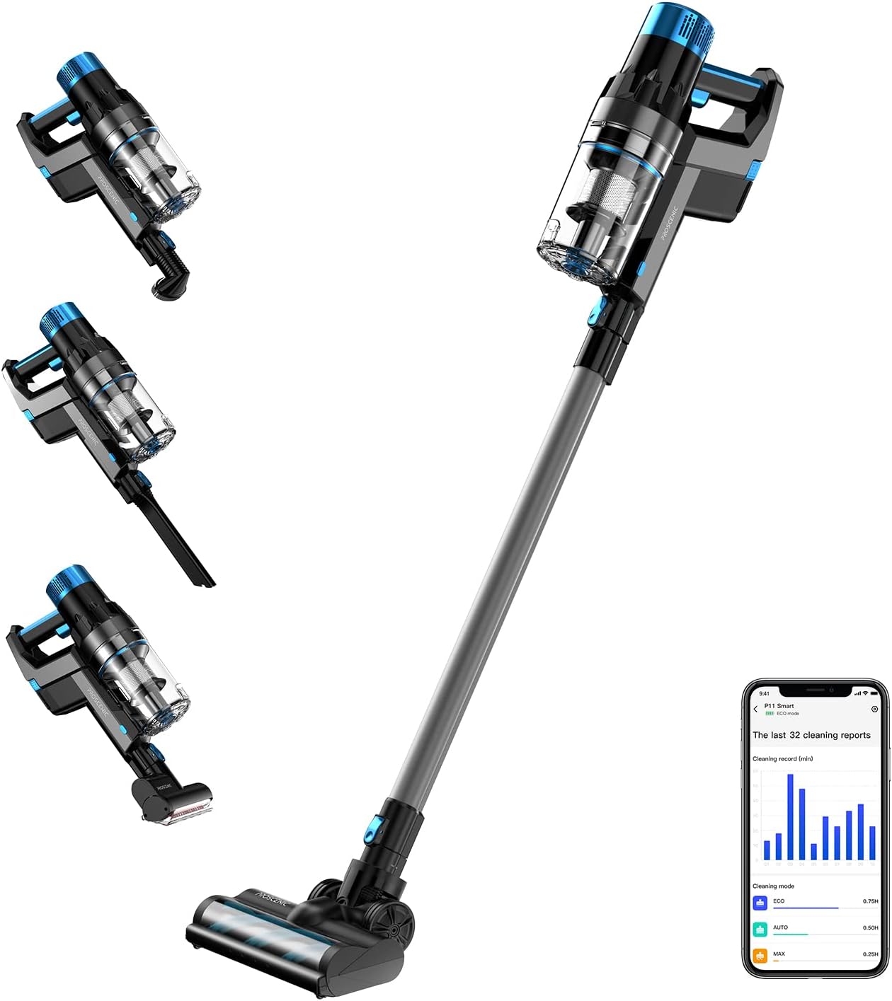Proscenic P11 Smart Cordless Vacuum Cleaner, Up to 60mins Runtime, Handheld Vacuum with 30KPA Strong Suction Power, Smart App Integration, for Home, Carpet, Hard Floor, Pet Hair