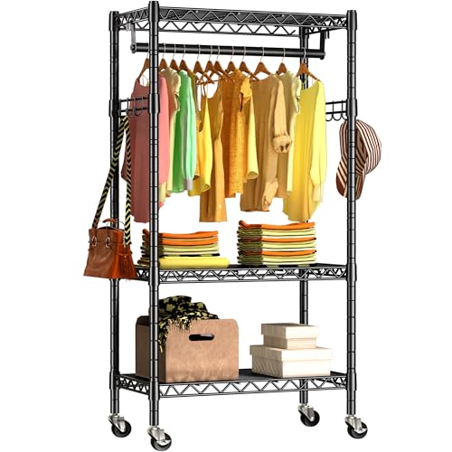 GIOTORENT G12 Heavy Duty Rolling Garment Rack, 3 Tier Metal Clothes Rack with Double Rods & Hooks, Freestanding Wardrobe Clothing Storage Rack, Portable Closet Organizer Rack, Load 450 LBS, Black