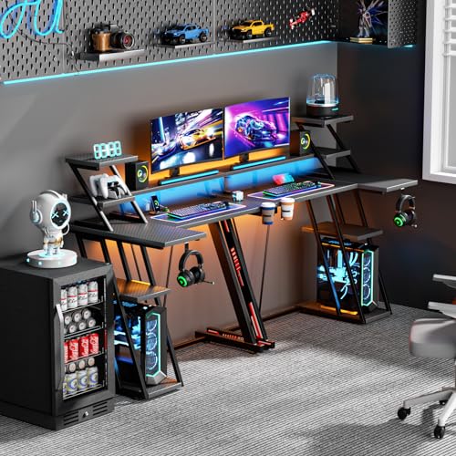 L Shaped Gaming Desk with LED Lights & Power Outlet, 47 Inch Computer Desk with Extra Storage Shelves, Reversible Gamer Workstations with Monitor Stand for Bedroom, Carbon Fiber Black