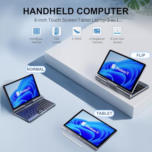 8 inch Mini Laptop HD Touchscreen Portable 2-in-1 Small Computer, Windows 11 Pro Laptop for Business and Students,Intel N100 12GB LPDDR5 512GB M.2 SSD,Wi-Fi 6，BT5.2 2MP Camera，G-Sensor，HDMI，Type C