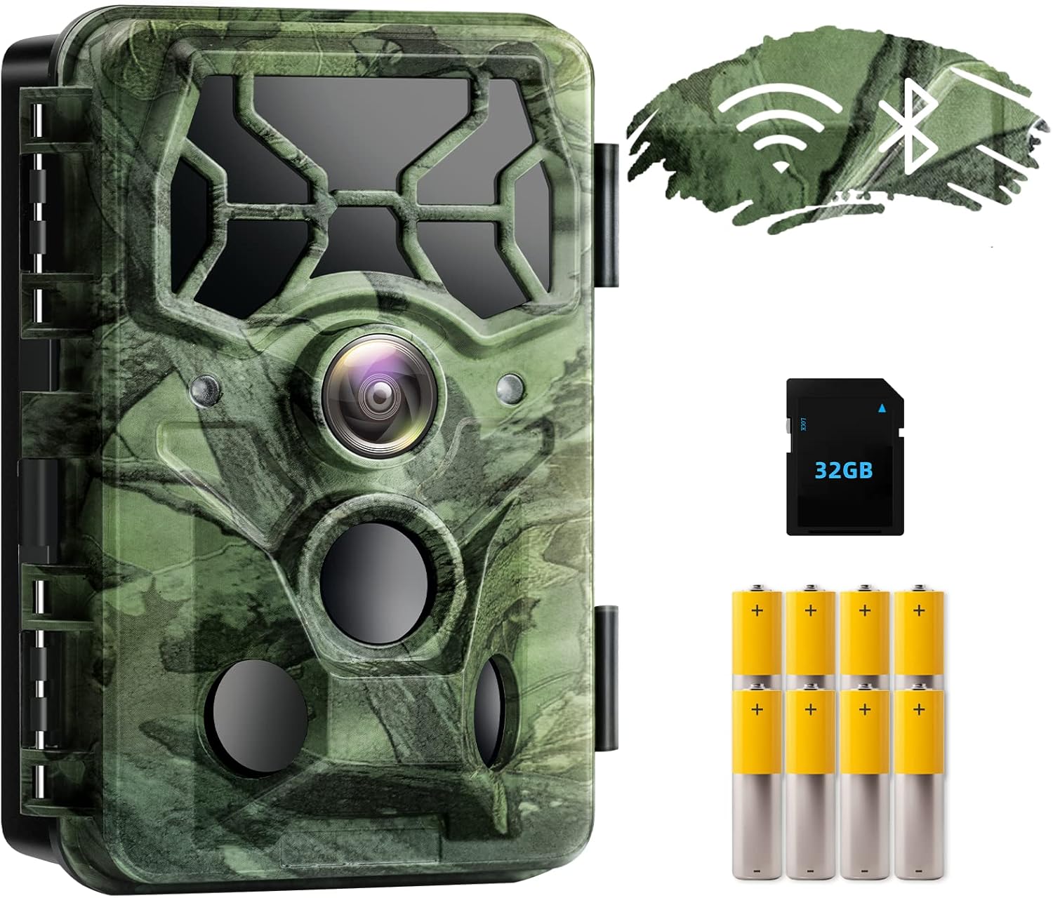 Trail Camera WiFi 32MP Real 4K Trail Cam with Night Vision 120°Wide for Three Detection, 0.1s Trigger IP66 Wildlife Tracking 32G Card & 8AA Batteries Pack of 2