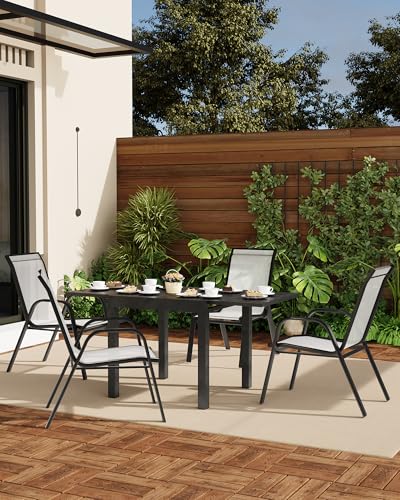 Patio Stackable Chairs Set of 4, Outdoor Stacking Metal Dining Chairs with Breathable Textilene Fabric & Metal Frame for Outdoor, Patio, Deck, Backyard, Grey