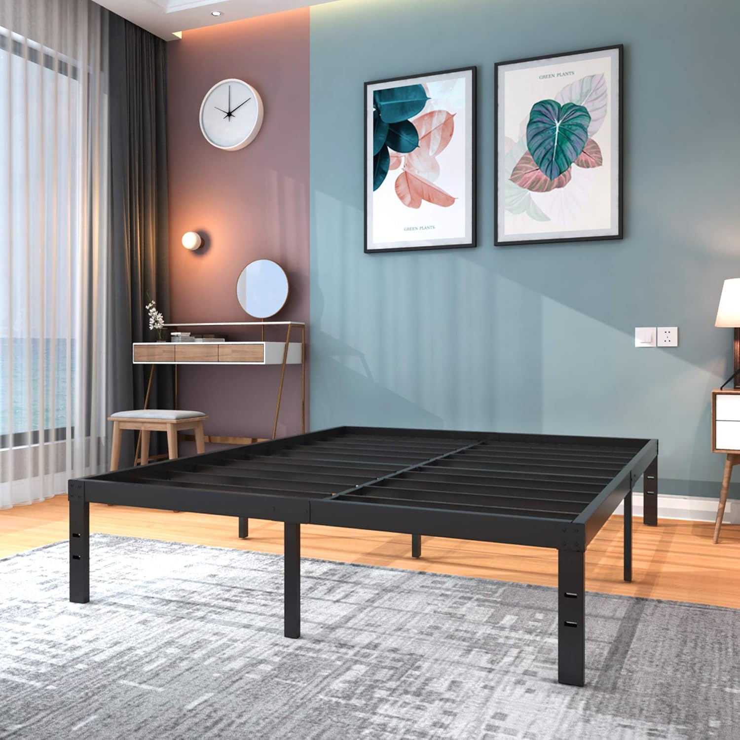 14 Inch Metal Platform Bed Frame/ Heavy Duty Steel Slat Mattress Foundation/ No Box Spring Needed/ Noise-Free/ None- Slip/ Black Finish, Cal King