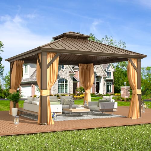 EROMMY 10' x 12' Hardtop Gazebo, Aluminum Frame Gazebos with Galvanized Steel Double Roof, Permanent Outdoor Metal Pavilion with Curtain and Netting for Patio, Lawn, Deck