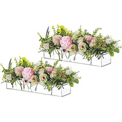 Rectangular Acrylic Vases for Centerpieces, 16 Inches Long Floral Vase with Holes for Flowers, Clear Rectangle Box Tray for Roses Modern Flower Arranger for Wedding Home Dining Table Decor, 1pcs