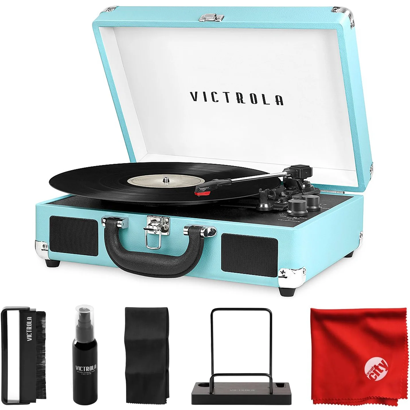 Victrola Vintage Journey 3-Speed Bluetooth Portable Suitcase Record Player with Built-in Speakers | Upgraded Turntable Audio Sound | Extra Stylus Bundle with Cleaning Kit - Turquoise, VSC-550BT-TQ