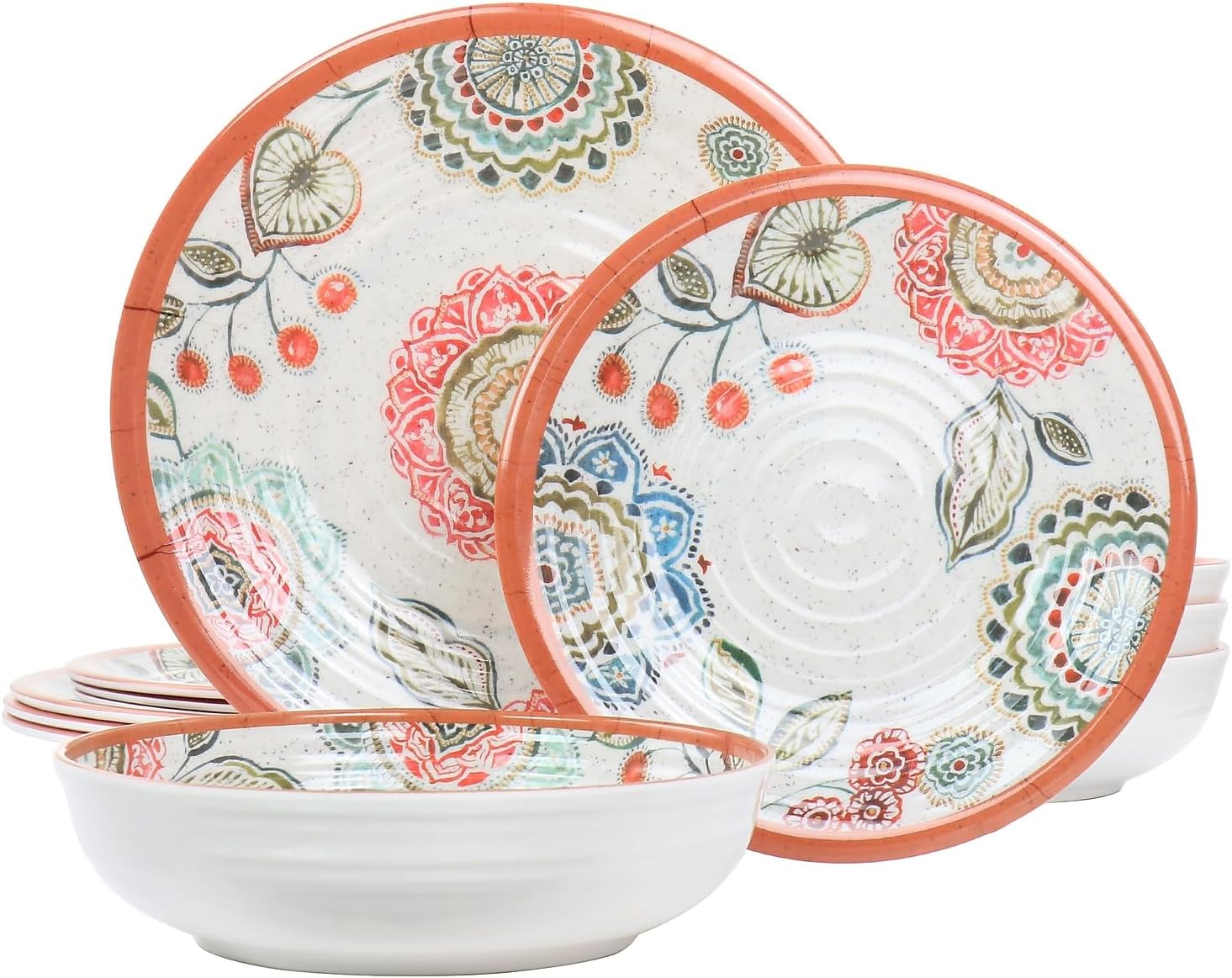 Elama Ester 12 Piece Melamine Dinnerware Set, Multi Colored