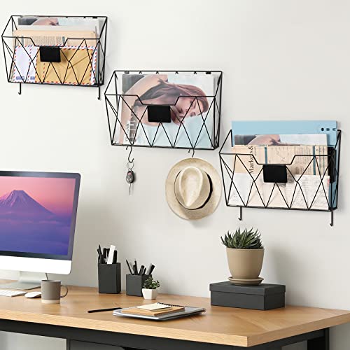 YBING Wall File Organizer White 6 Pockets Mesh Hanging File Holder Organizer Metal Wire Mail Organizer Wall Mounted Office Papers Holder Hanging File Folders With Hooks