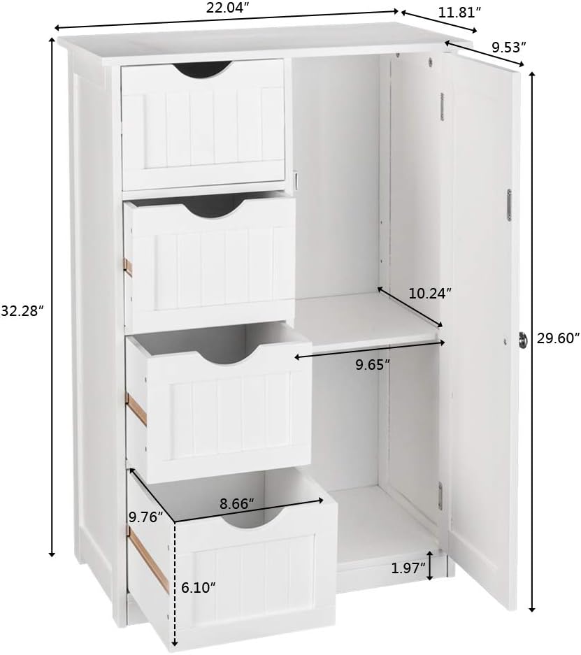 Bathroom Floor Cabinet storage unit with 4 Dawers and Single Door Cabinet, Entryway Storage Cabinet, Freestanding Storage Cabinet for Living Room Kitchen Hallway, White 21.7