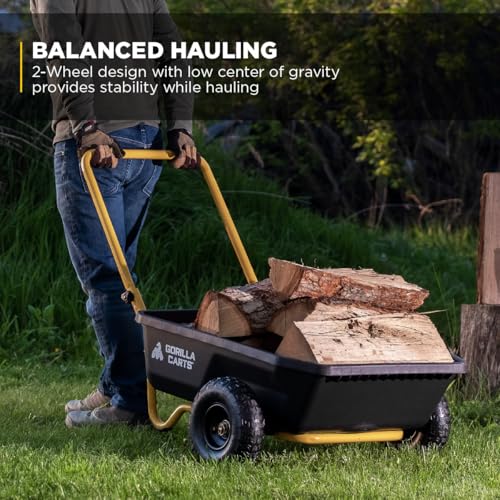 Gorilla Carts GCR-4 Poly Dump Cart, 2-Wheel Garden Wagon with Foldable Handle, 4 cu ft, 300 lb. Capacity, Black/Yellow