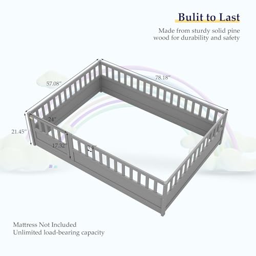 Full Floor Bed with Elevated Safety Guardrails and Door, Montessori Floor Bed for Kids, Wood Kids Floor Beds Frame, Full-White