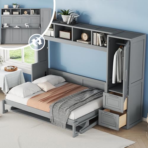 Linique Full Size Murphy Cabinet Storage Wall Bed with Closet and Drawers and Built-in Top Shelf,Hide a Bed on a Wardrobe Space Saving Design,Gray