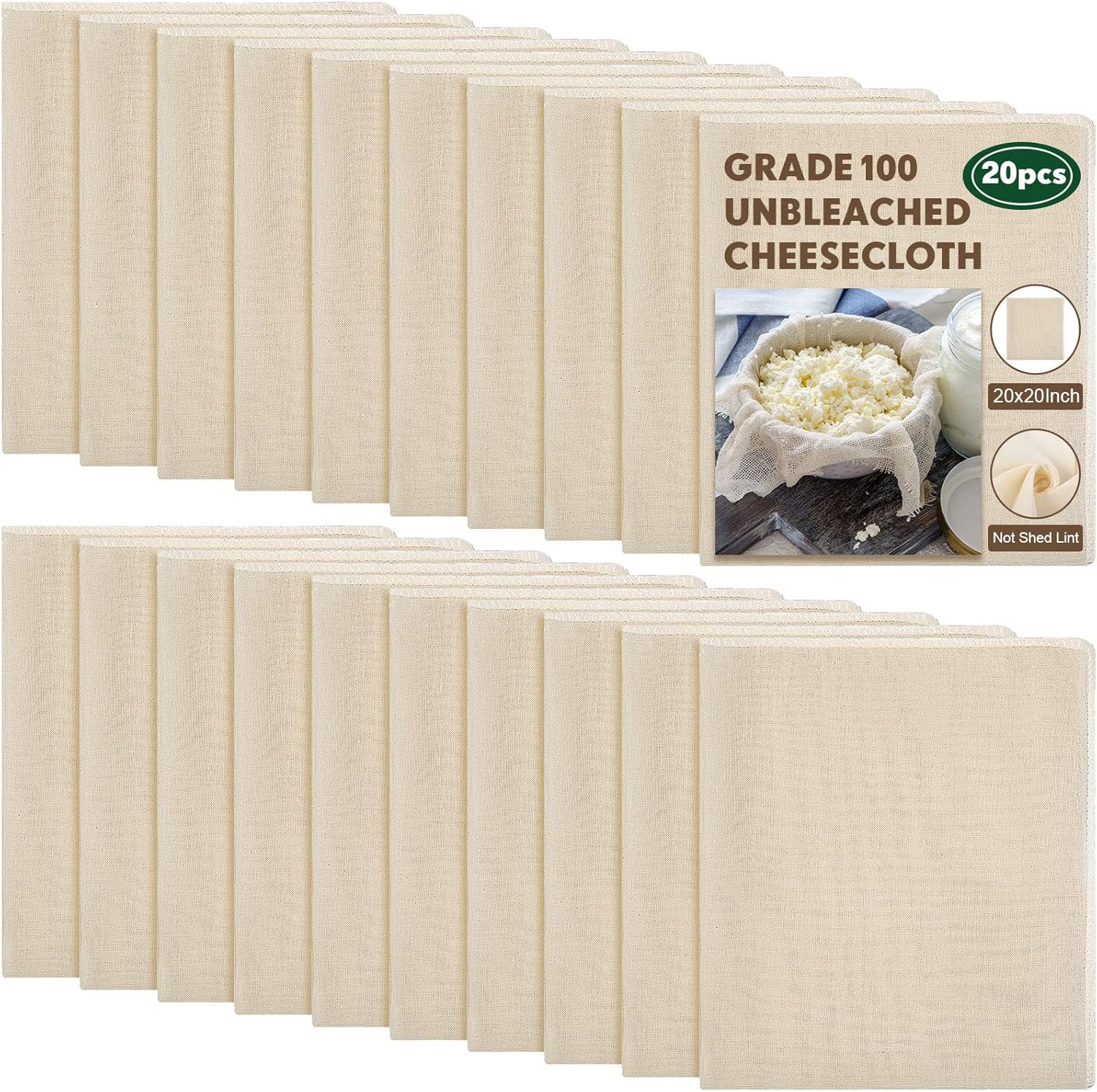 20 Pieces Grade 100 Cheese Cloths for Straining Cheesecloth Hemmed Reusable Muslin Cloth for Straining Unbleached Cotton Cheese Cloth Bulk for Baking, Juicing, Cheese Making (20 x 20 Inch)