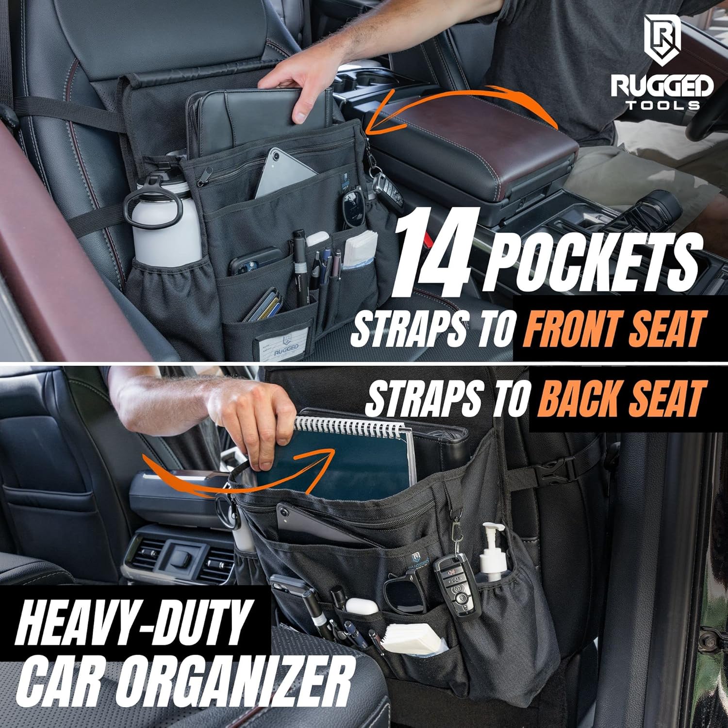 Rugged Tools Car Seat Organizer - Front Seat Organizer for Passenger Seat - Car Office For Work Truck, Police, Business, and Law Enforcement - Over the Seat Storage File Organizer for Truck Cab