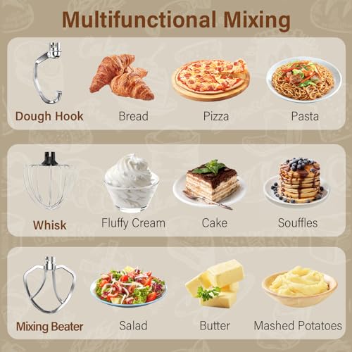 Honinst Stand Mixer, 3-In-1 10-Speed 660W 6QT Tilt-Head Food Mixer, Electric Mixer with Bowl, Dough Hook, Whisk and Beater, Kitchen Mixer for Baking, Cake and Most Home Cooks
