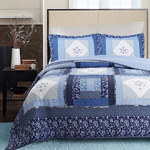 Cozy Line Home Fashions Freesia Floral Cottage Garden 3-Piece Blue Embroidered Cross Stitch Patchwork Cotton Queen Reversible Quilt Bedding Set