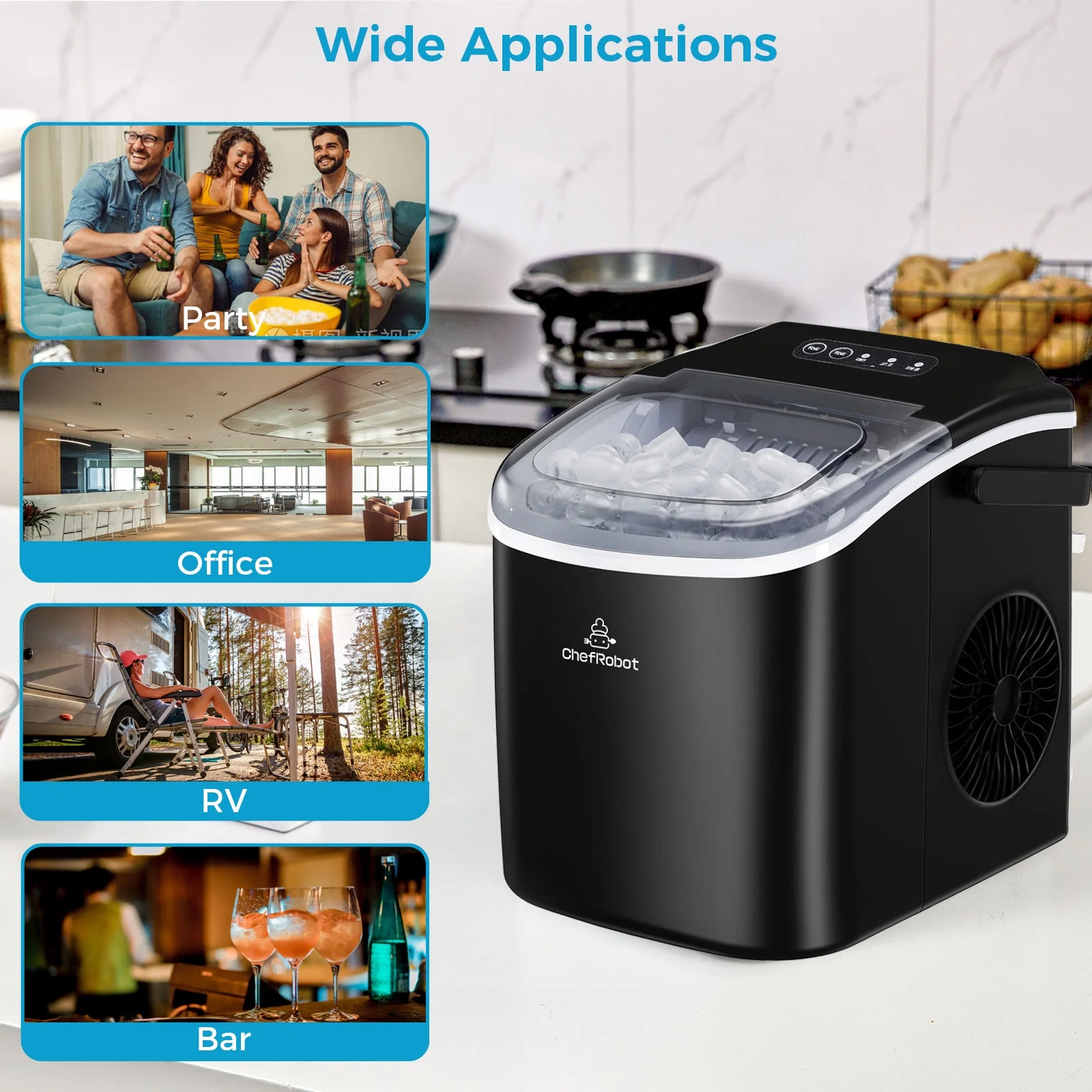 ChefRobot Ice Maker Countertop, Self-Cleaning Ice Maker with Ice Scoop and Basket, Make 26.5 lbs Ice in 24 Hrs, 9 Ice Cubes Ready in 6-8 Mins, Black