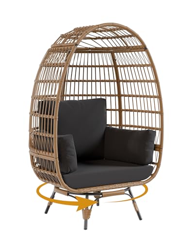 Oversize Wicker Egg Chair with 4 Comfy Cushions, Big Egg Shaped Lounger with Ottoman, Rattan Reading Chairs for Indoor Outdoor Patio Porch Backyard, Grey