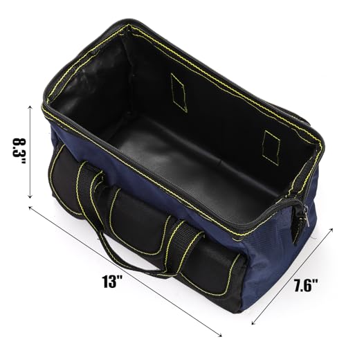 3 Pack 13 Inch Tool Bag, Wide Mouth Tool Tote Bag with Waterproof Base, Heavy Duty Tool Storage Bag Organizer for Various Tools, 5 Pockets, Blue, Yellow, Red
