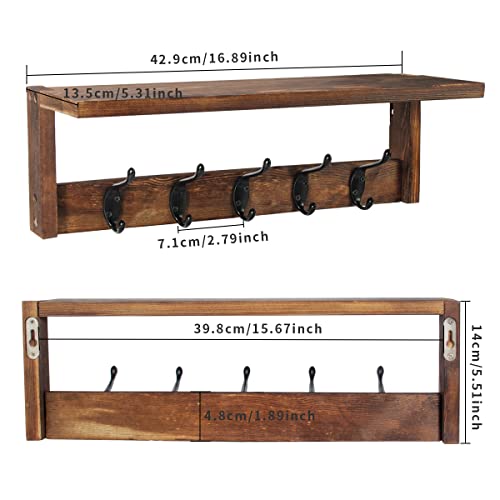 2 Pack Coat Rack Wall Mount with Shelf, Wood Wall Coat Rack with Hooks, Coat Hanger Wall Mount, Entryway Shelf for Clothes, Hats, Towel, Purse, for Living Room, Bedroom, Bathroom, Rustic Brown