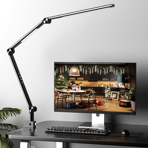 LED Desk Lamp, Desk Light for Home Office, Dual Light Source, Eye-Caring Optical Lens, 5 Color Modes & Brightness, 18W Brightest, Swing Arm Office Lamp, Puzzle Light, Clamp Lamp, Black