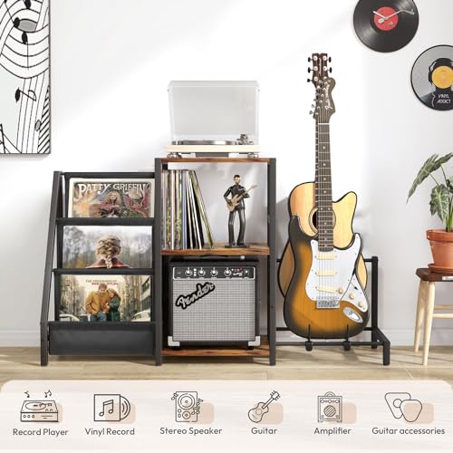 Bikoney Record Player Stand, Guitar Stand for Acoustic, Electric Guitar, Bass with Amp Stand, 3-Tier Vinyl Record Storage Up to 200 Albums, Record Player Table for Record Player, Speaker, Amplifier