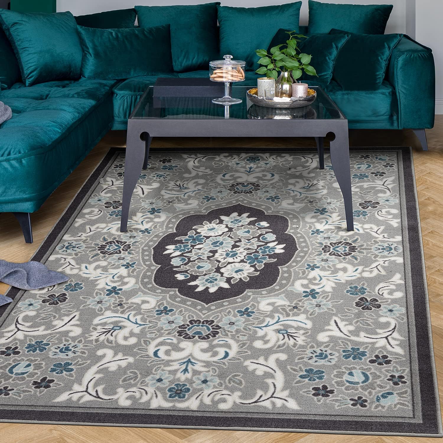 Antep Rugs Alfombras Non-Skid (Non-Slip) 6x9 Rubber Backing Modern Floral Low Profile Pile Indoor Area Rugs (Gray, 6'7