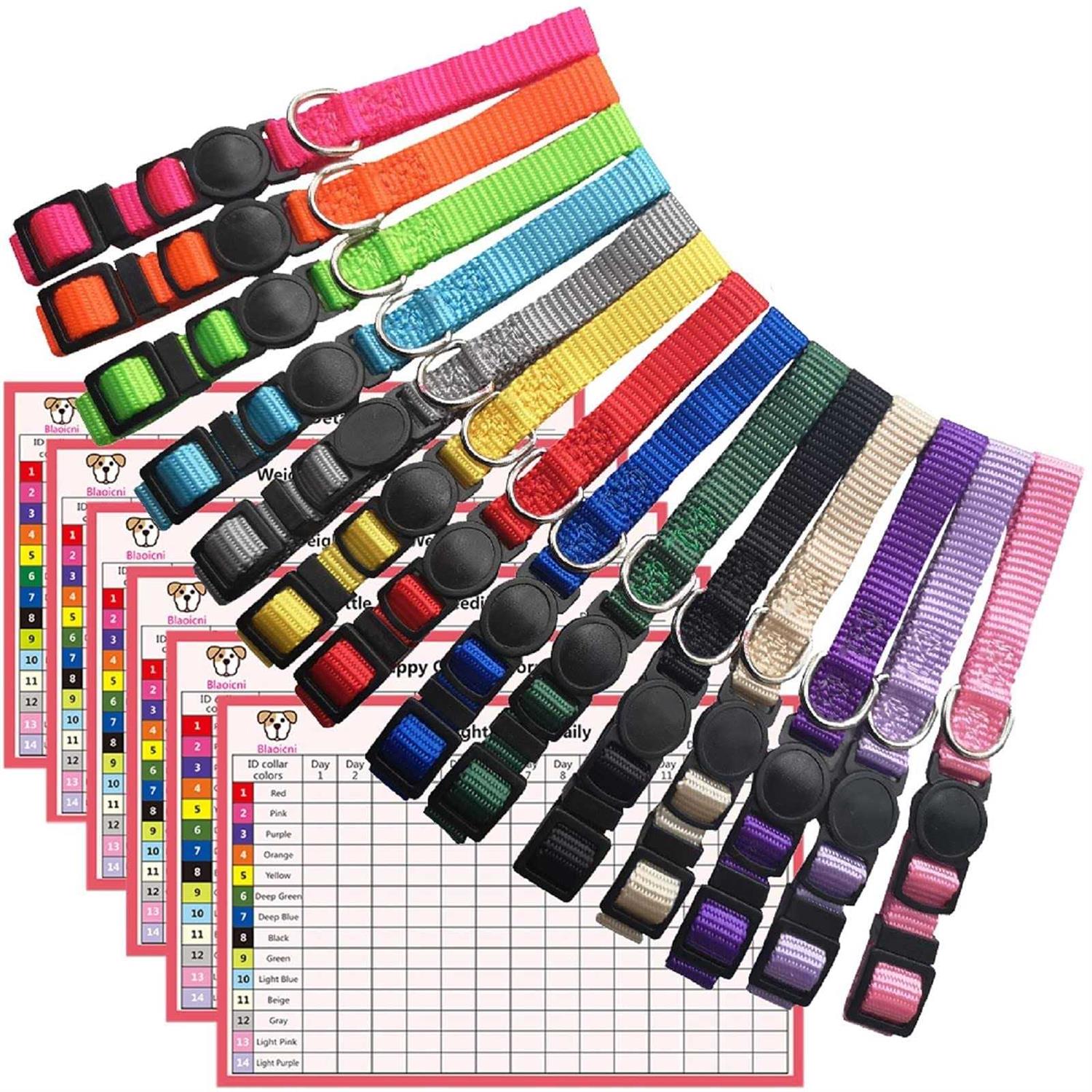 14PCS Puppy ID Collar Identification Soft Nylon Adjustable Breakaway Safety Whelping Litter Collars for Newborn Pets with Record Keeping Charts - Pet Supplies online store