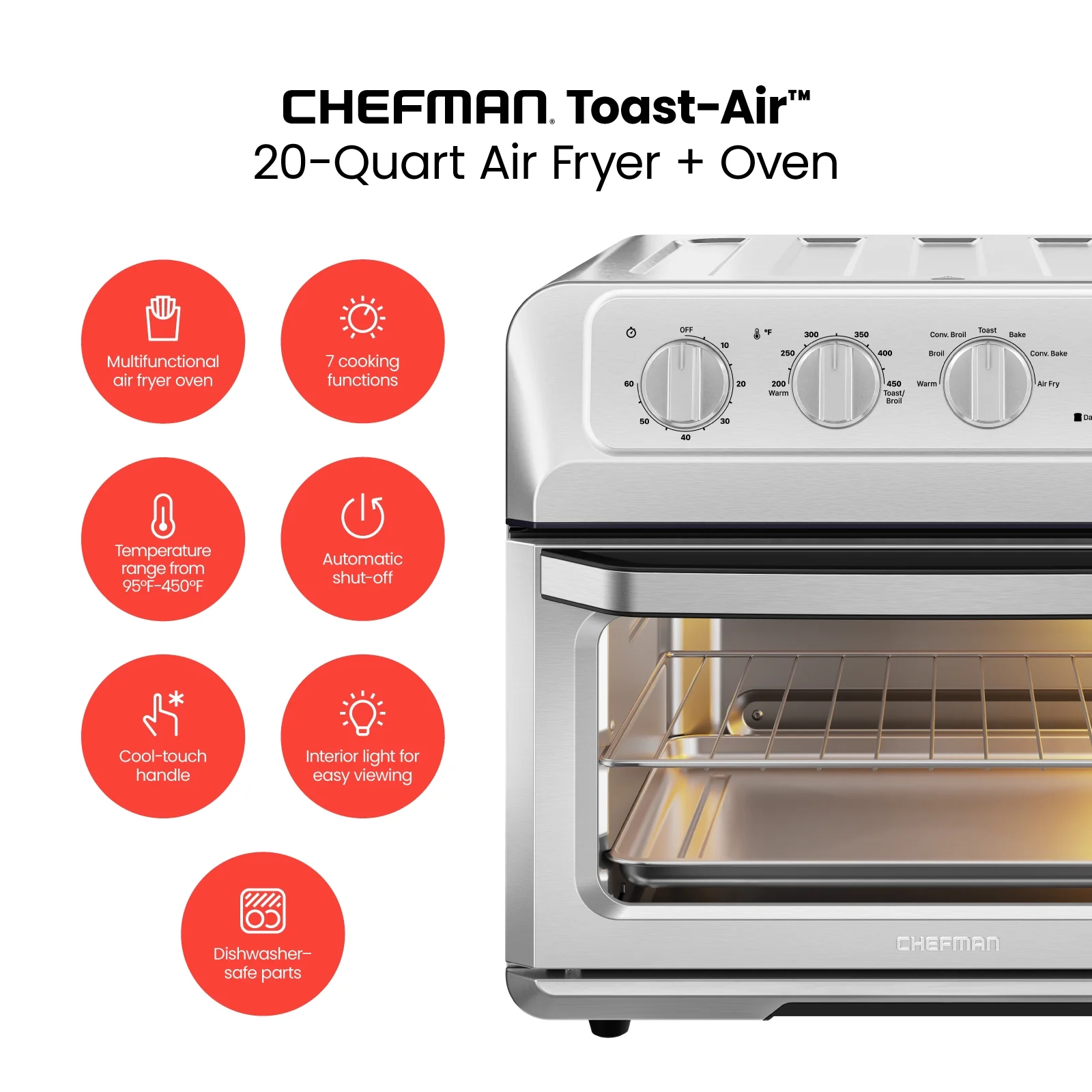 Chefman Air Fryer + Toaster Oven Combo, 7-in-1 Countertop Convection, 20 Qt Capacity - Stainless Steel, New