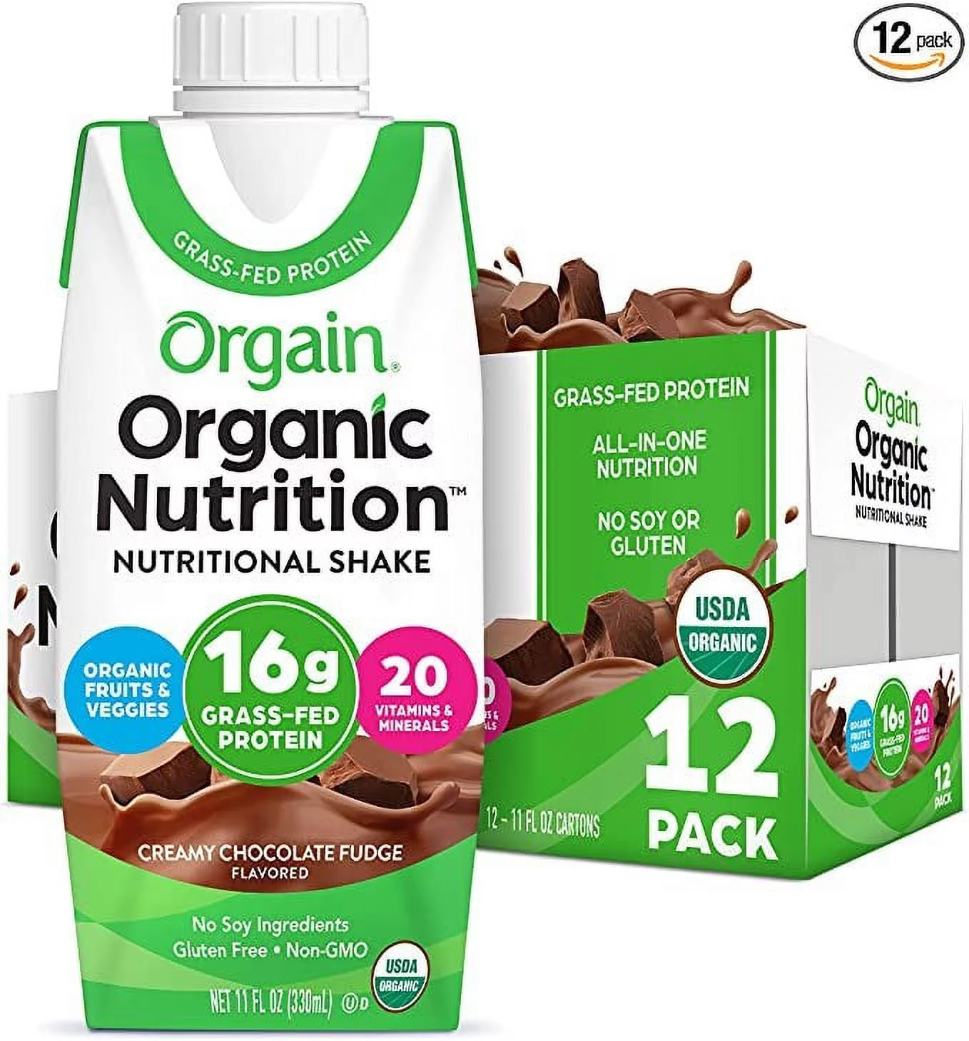 Orgain Organic Nutritional Shake, Creamy Chocolate Fudge - Meal Replacement, 16g Grass Fed Whey Protein, 20 Vitamins & Minerals, Gluten & Soy Free, Non-GMO, 11 Fl Oz -Pack of 12