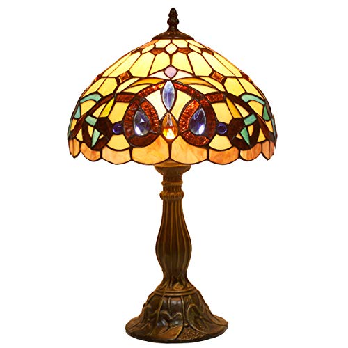 WERFACTORY Tiffany Style Table Lamp Stained Glass Serenity Victorian Bedside Lamp Desk Reading Light 12X12X18 Inches Decor Bedroom Living Room Home Office S021 Series