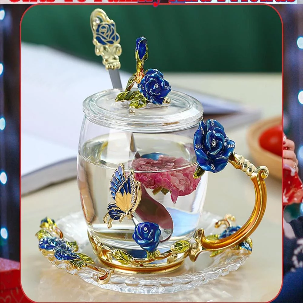 Glass Tea Cup Coffee Cup, Enamel Colored Handmade 3d Vintage Flower Cup with Lid, Coaster and Spoon, Unique Blue Rose Enamel Design, Heat-Resistant Tea Cup Crystal Glass Gift Set (320ml)