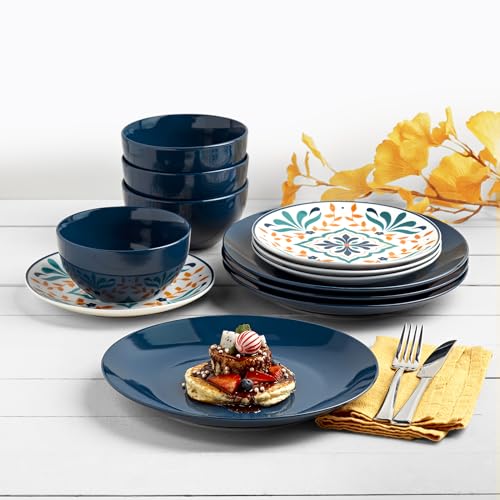 Tabletops Gallery 12-Piece Isabella Patterned Ceramic Dinnerware Set of Kitchen Dishes, Dinner Plates, Cereal Bowls, Service for 4, Blue