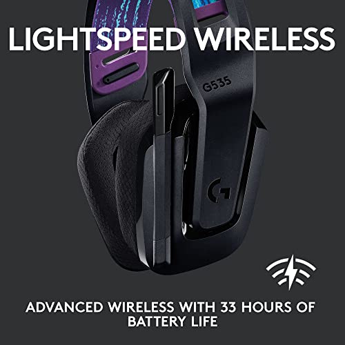 Logitech G535 Lightspeed Wireless Gaming Headset - Lightweight on-ear headphones, flip to mute mic, stereo, compatible with PC, PS4, PS5, USB rechargeable - Black