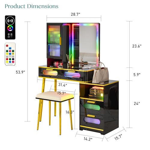 RGB LED Vanity Desk with Mirror and Lights, Makeup Vanity Table with Charging Station, 7 Dynamic and 24 Static Dimmable Vanity Set, Dressing Table with Jewelry Organizer, Gifts for Women/Girls, Black