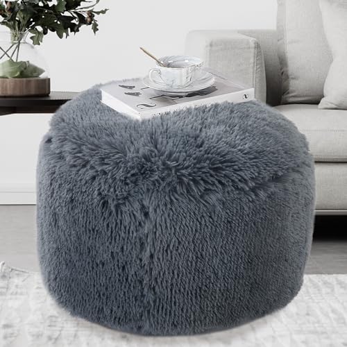 Round Stuffed Pouf Ottoman, Long Plush Faux Fur Pouf with Supportive Filling, Fluffy & Furry Couch Foot Stool Storage Ottoman for Living Room, Bedroom and Kids Room, Floor Pouf Foot Rest