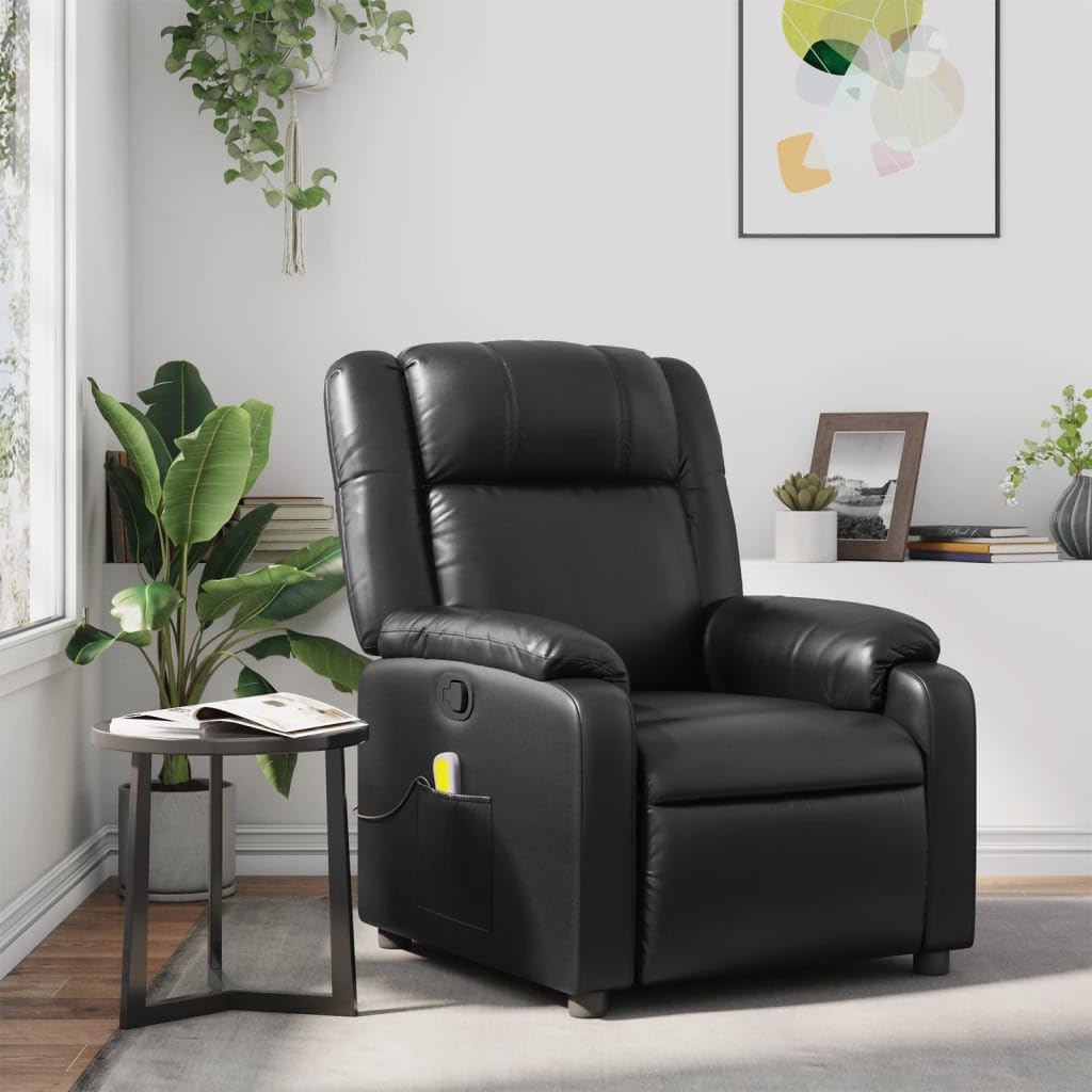 vidaXL Black Faux Leather Massage Recliner Chair - Manual Recline, USB Vibration Massage, Padded Comfort for Living Room or Office