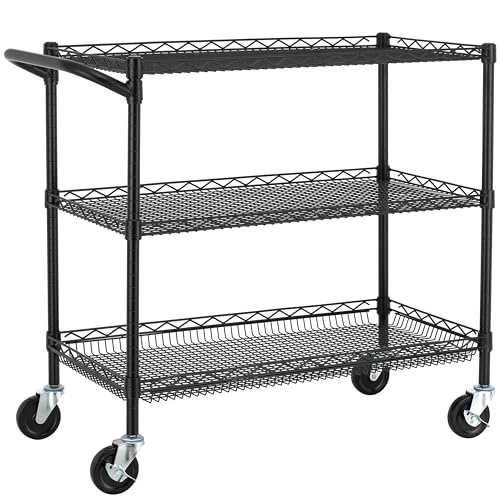 Finnhomy 3 Tier Heavy Duty Commercial Grade Utility Cart, Wire Rolling Cart with Handle Bar, Steel Service Cart with Wheels, Utility Shelf Plant Display Shelf Food Storage Trolley, NSF Listed