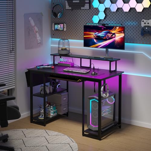 45 Inch Gaming Desk with LED Lights & Power Outlets, Home Office Desk with Monitor Stand & Storage Sheves, Computer Desk with Fabric File Cabinet and Hook, Writing Desk, Brown