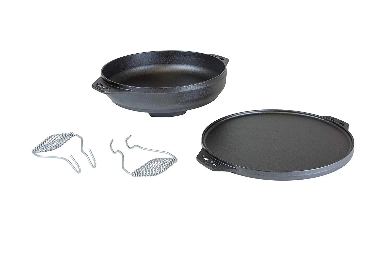 Lodge Cast Iron Cook-It-All Kit. Five-Piece Cast Iron Set includes a Reversible Grill/Griddle 14 Inch, 6.8 Quart Bottom/Wok, Two Heavy Duty Handles, and a Tips & Tricks Booklet.