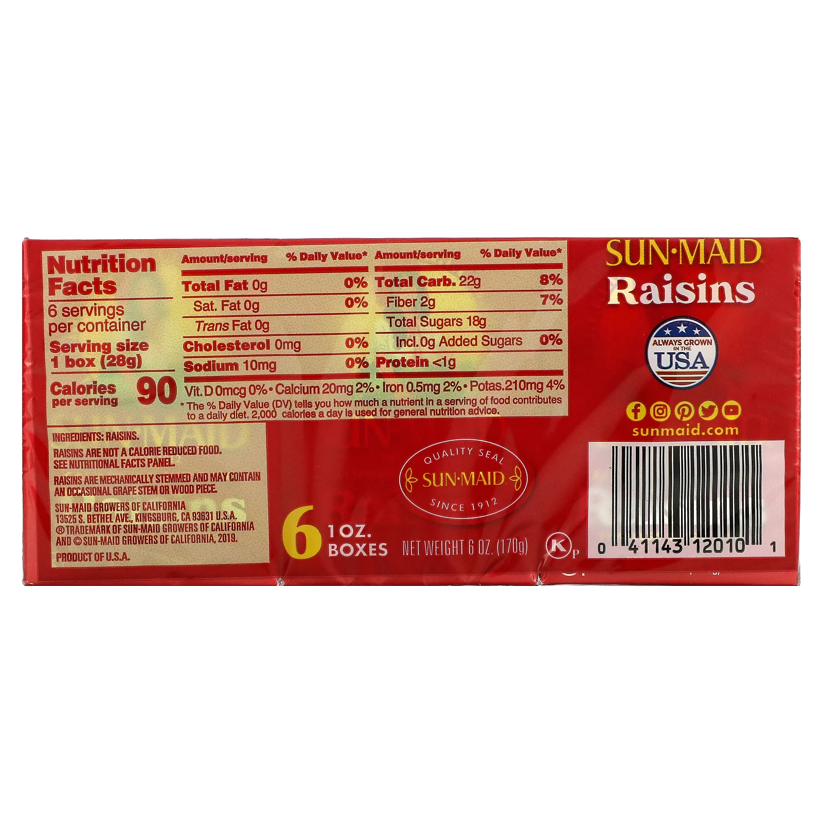 Sun-Maid, California Sun-Dried Raisins, 6 Boxes, 1 oz (28.3 g) Each Pack of 4