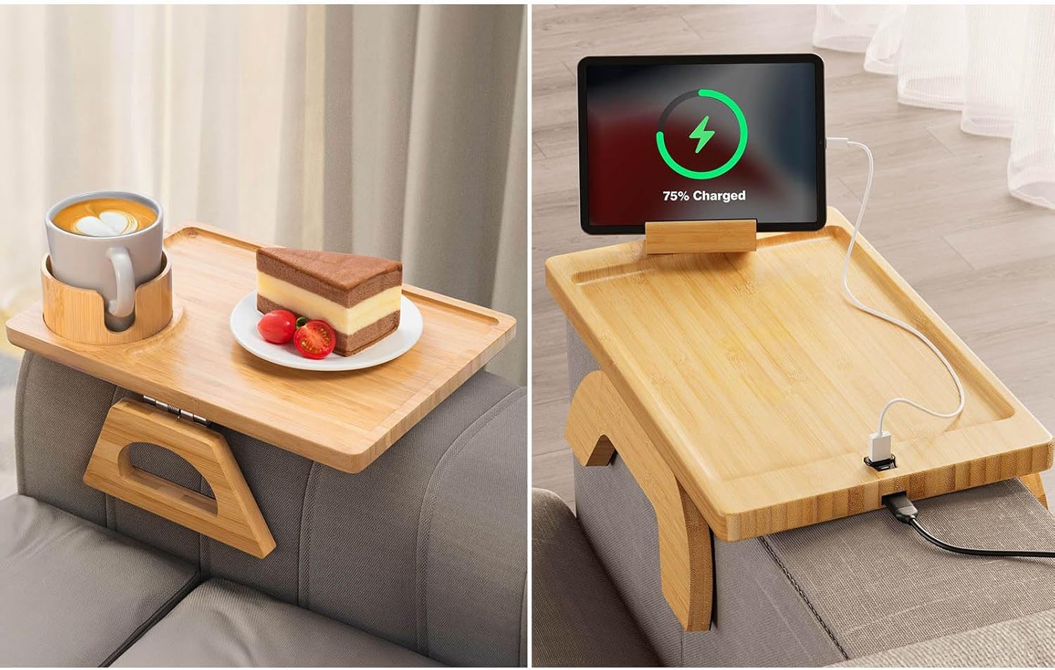 Sofa Arm Tray with Couch Cup Holder + Couch Arm Table with Type C Port & USB Port and 360° Rotating Phone Holder