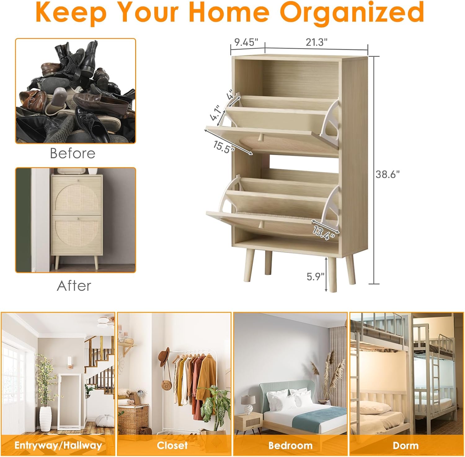 2 Flip-Drawers Slim Shoe Cabinet, 2 Drawers Shoe Cabinet Rattan Shoe Rack Shoe Storage Cupboard Organizer Unit,Shoe Rack with Doors, Shoe Storage Cupboard Organizer Unit for Entryway, Hallway