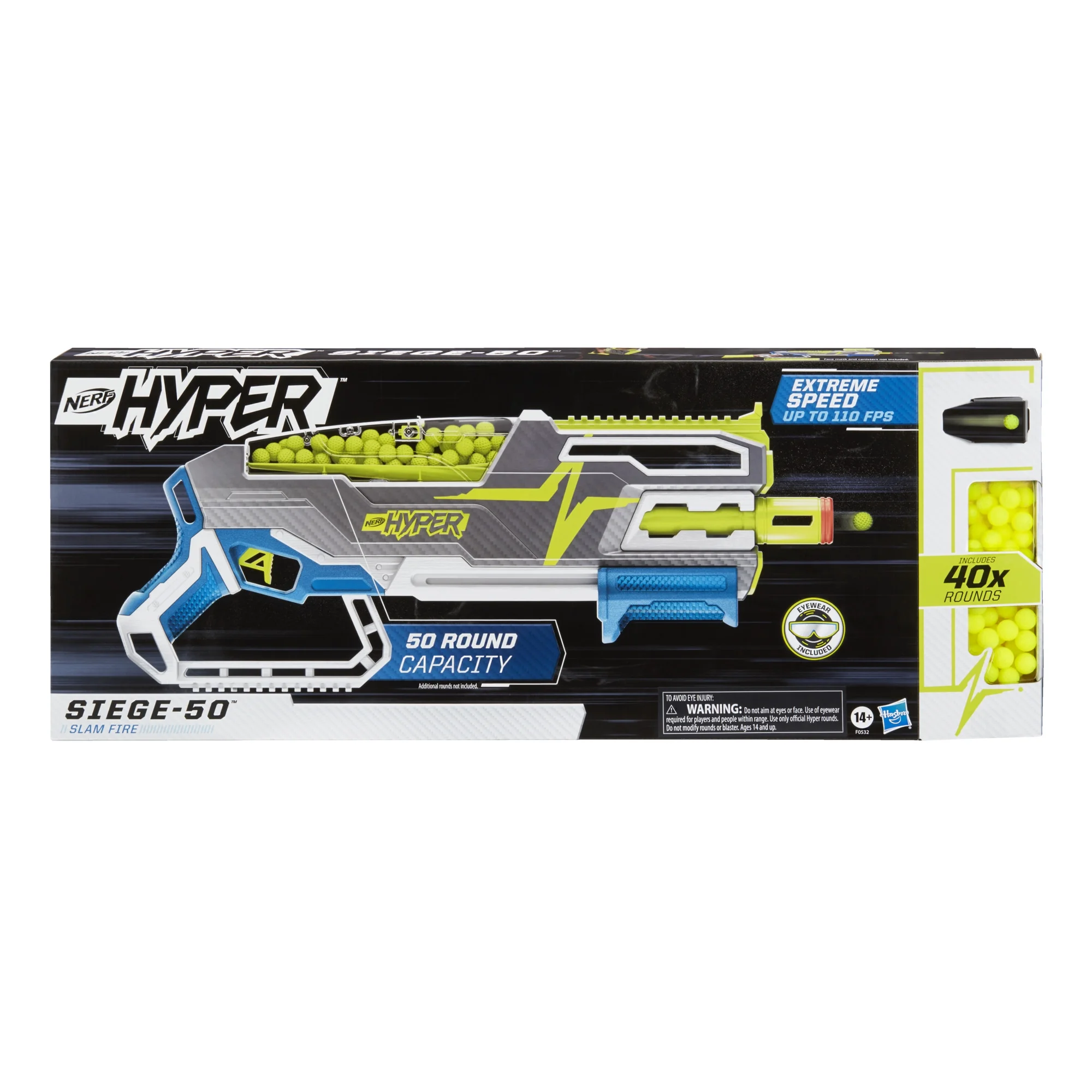 Nerf Hyper Siege-50 Pump-Action Blaster, 40 Nerf Hyper Rounds Included, Ages 14+