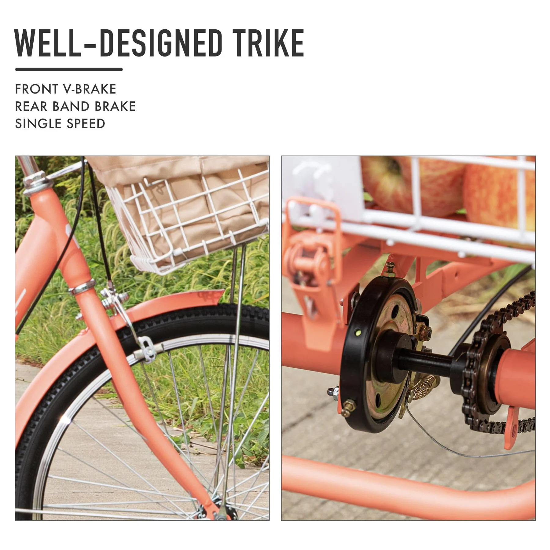 Viribus 26 Inch Single Speed Adult Tricycle 3 Wheel Bike with Removable Basket, Hybrid Beach Trike, Pink